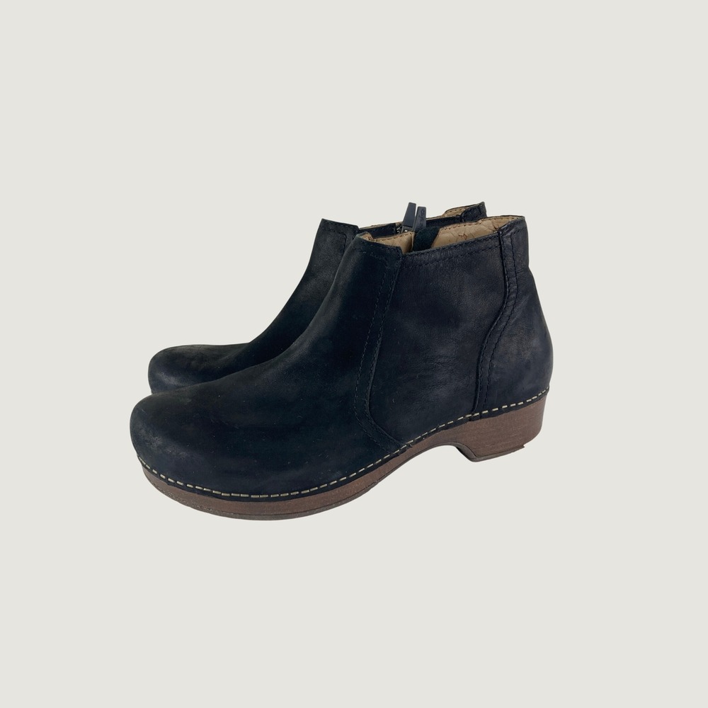 Dansko Ankle Boots Women 41 US 10.5 Black Leather Side Zip Clog Chunky Heel